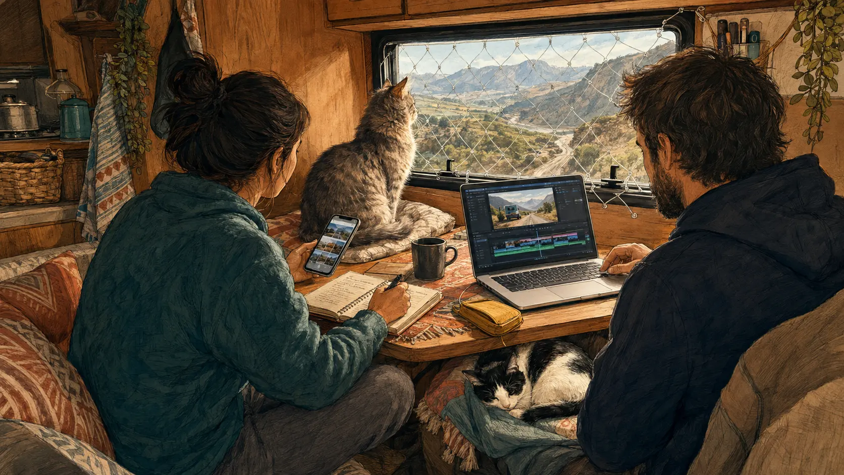 Editando videos dentro del motorhome con vista a las montañas