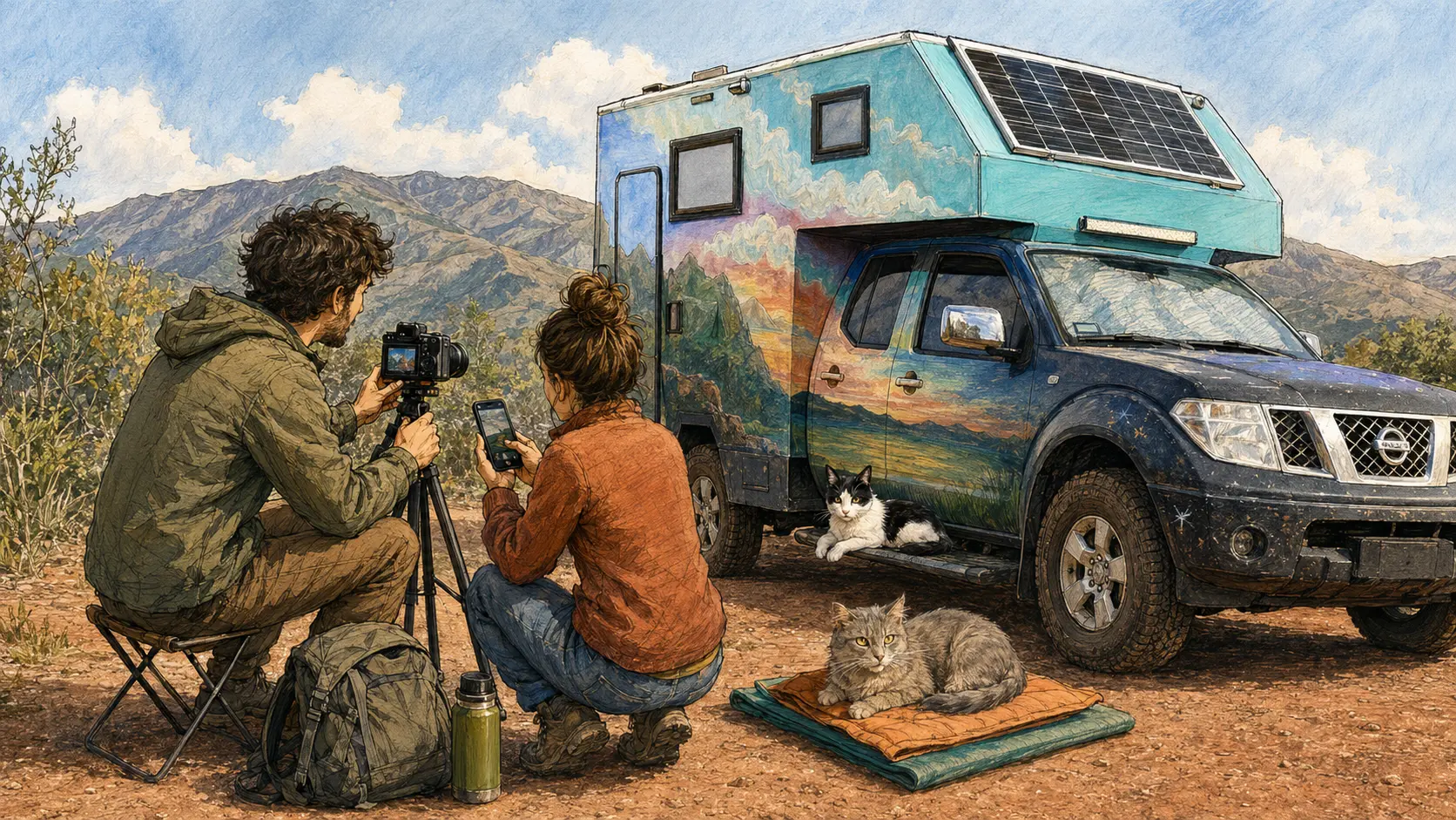 Grabando contenido junto al motorhome con los gatos Shanti y Luna