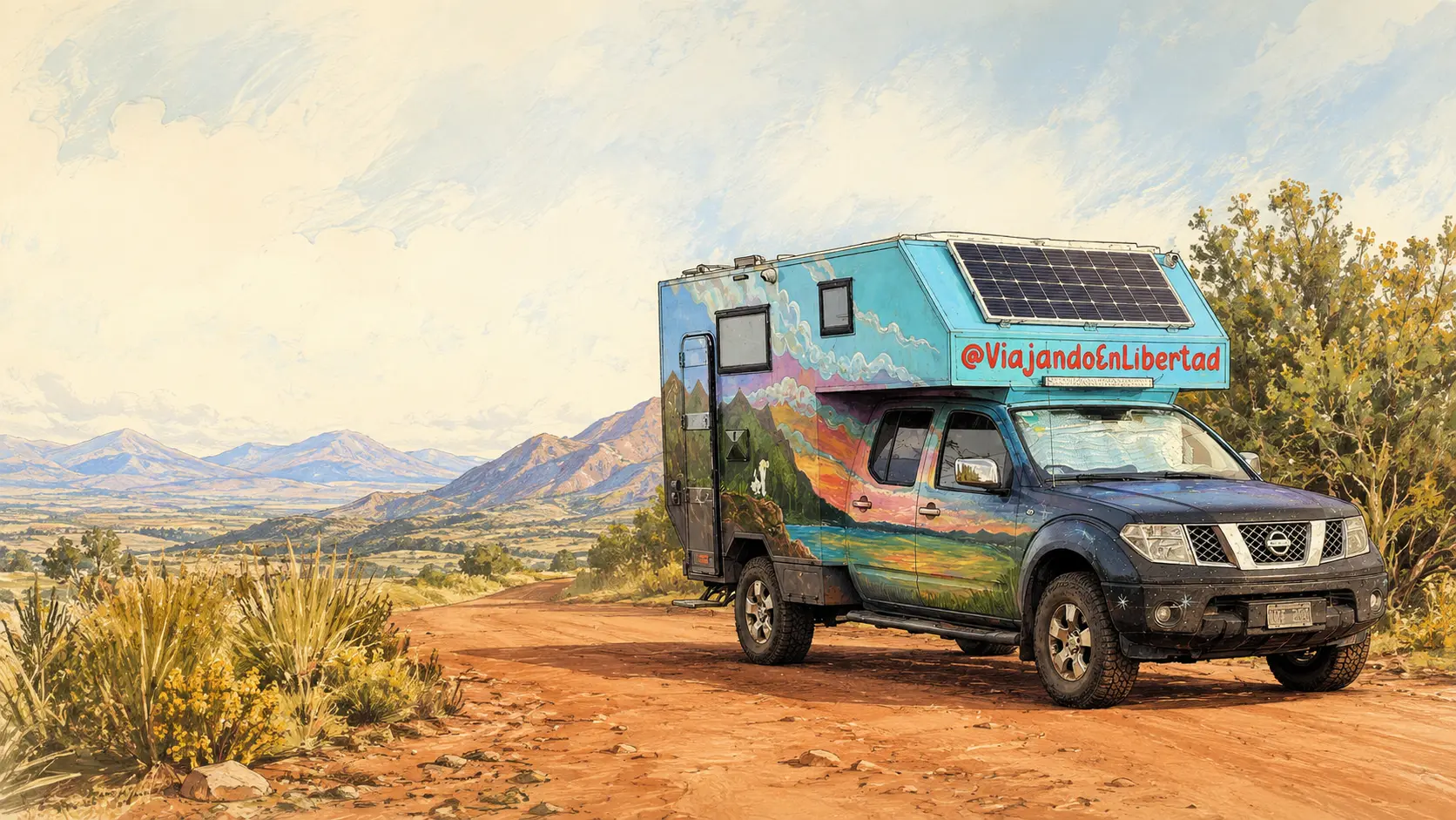 El motorhome de Viajando en Libertad sobre un camino de tierra frente a las montañas